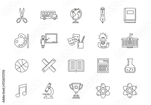 Vector illustration of a collection of handdrawn icons representing school and education, isolated on a