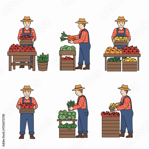 A collection of cartoon illustrations depicting a farmer in a hat and overalls, diligently selling and arranging fresh fruits and vegetables at a local market stall.