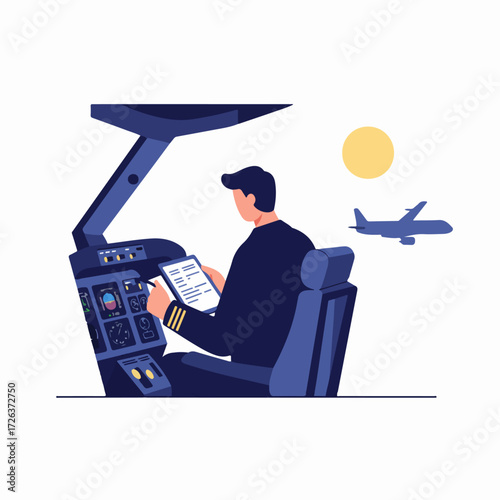 Male pilot in an airplane cockpit, diligently managing controls and checking flight data on a digital tablet, with a plane flying under the sun outside.