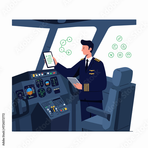 Aviation pilot navigating with digital tablets in a modern aircraft cockpit, utilizing advanced technology for flight management and precise control.