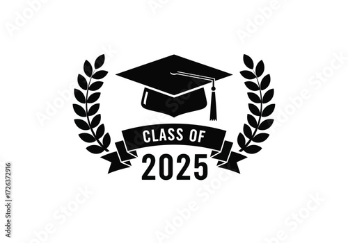 Vector illustration of black graduation cap with tassel, surrounded by a laurel wreath and a banner reading class of 2025
