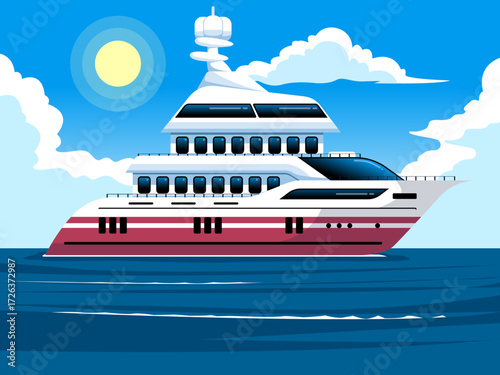 Luxury yacht sails smoothly on calm ocean under bright sky with sleek white and red design representing travel leisure and modern lifestyle in a vibrant stylized maritime scene