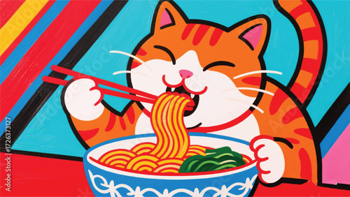 Cat Eats Ramen Noodles Illustrator Artwork Banner Background Design Template 