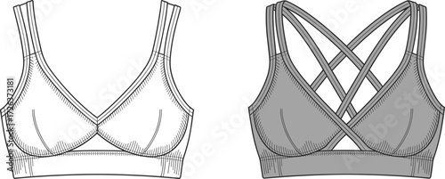 Sports bra technical fashion drawing, front and back view, activewear design, lingerie apparel vector, workout clothing illustration, stylish seamless garment template