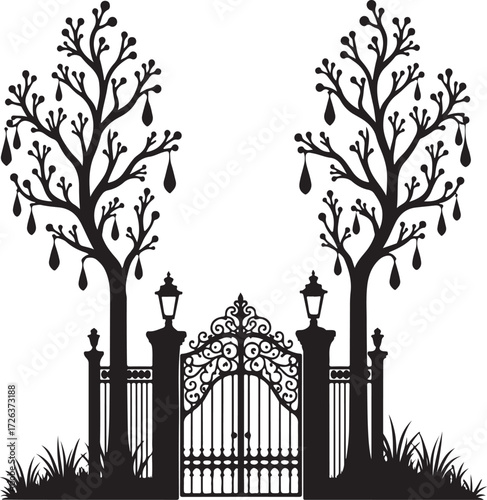 Black silhouette ornate gate with decorative trees and lamps