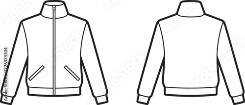 Bomber jacket vector template, front and back view, fashion apparel sketch, unisex outerwear design, clothing technical drawing, garment mockup illustration