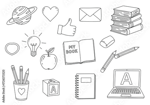 Vector illustration of collection of handdrawn doodle icons representing education, learning, and creativity, isolated on a