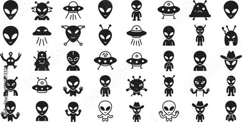 Alien faces and UFO icons collection, extraterrestrial characters set, cartoon silhouette space creatures and spaceships illustration, vector isolated design for science fiction themes