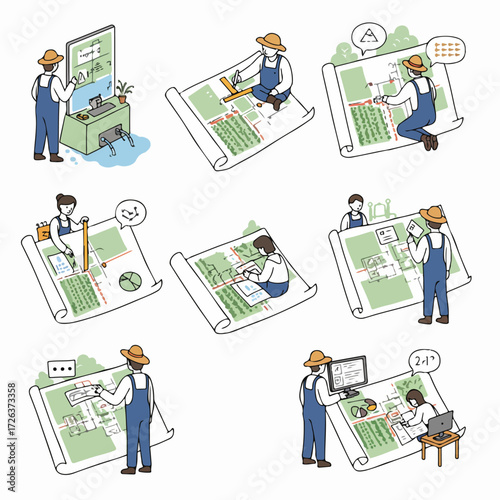 Modern Farm Planning: Farmers utilizing technology, blueprints, and data analysis for efficient agricultural management and irrigation system design and optimization.