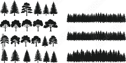 Tree and forest silhouette collection, pine and deciduous tree vector illustration, natural woodland landscape, evergreen background design, outdoor nature art