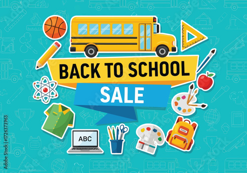 Vector illustration of bright yellow school bus with back to school sale text and various school supplies icons on a teal background