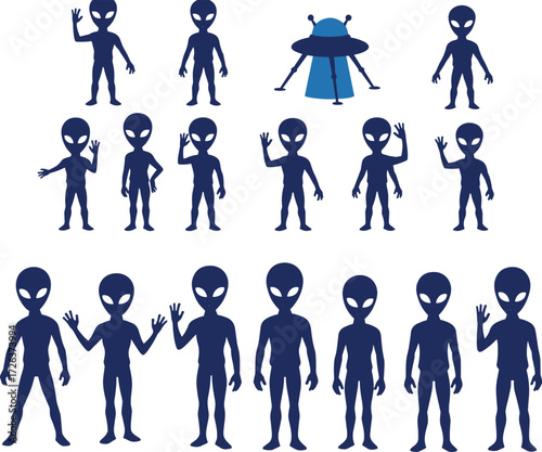 Alien silhouette vector illustration, extraterrestrial beings with spaceship, UFO cartoon icons, sci-fi creature graphics, alien poses, outer space mystery artwork