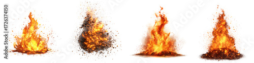 Four stunning explosion effects, vibrant and fiery, rendered digitally, presented vividly on transparent background