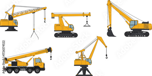 Construction crane vehicle illustration, heavy lifting machinery, industrial equipment design, crawler crane, truck crane, excavator, construction site tool, engineering machinery vector, urban