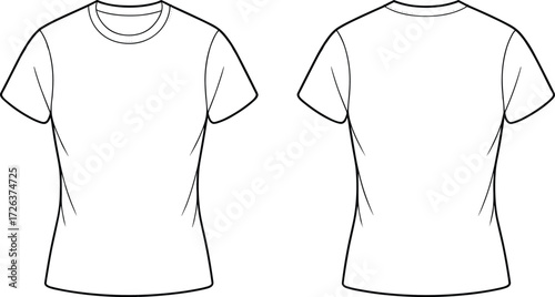 T shirt cad drawing flat vector, blank apparel template, unisex fashion sketch, casual clothing design, plain garment mockup, technical illustration