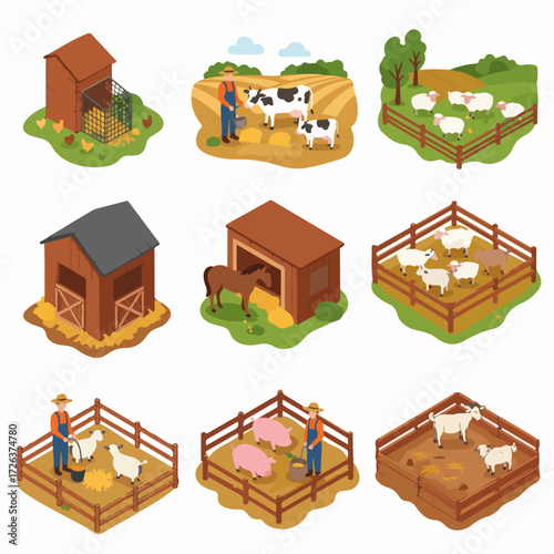 Isometric Farm Life Scenes Collection with Farmers and Livestock including Cows, Sheep, Pigs, Goats, Horses, and Chickens in Barns, Coops, and Pastures.