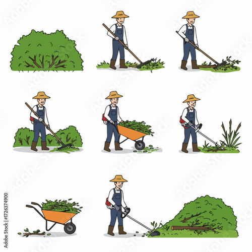 Illustrated steps of garden maintenance: a gardener trimming bushes, raking leaves, and clearing debris with tools and a wheelbarrow.