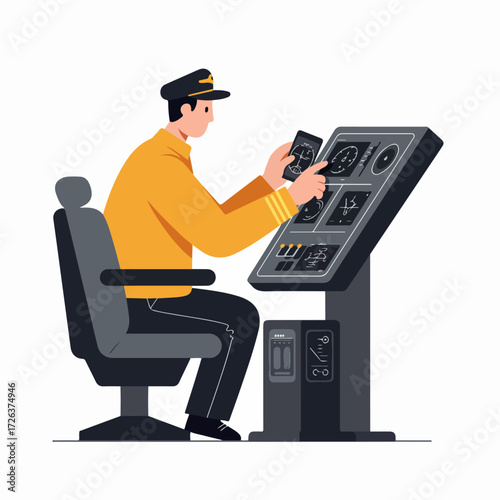 Captain Operating a Modern Digital Control Panel with a Smartphone, Illustrating Advanced Navigation and System Management in a Flat Design Style.