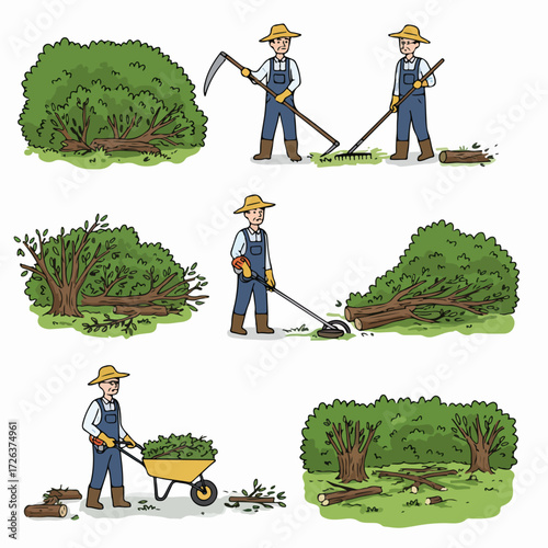 Gardener clearing overgrown shrubs: a sequence showing scything, raking, trimming, and hauling branches, illustrating garden maintenance and land clearance.