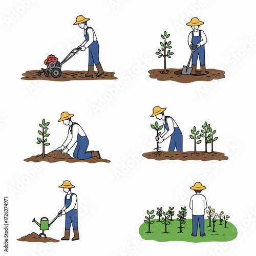 A sequence of illustrations depicting a farmer planting and cultivating a garden, from tilling the soil to observing the mature plants.