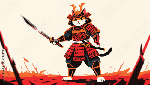 Samurai Knight Cat Illustrator Artwork Banner Background Design Template 