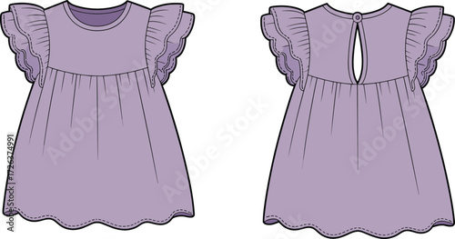 Lavender girl dress, flutter sleeve outfit, scalloped hem fashion, elegant kids wear, summer clothing, keyhole back, ruffle detail design