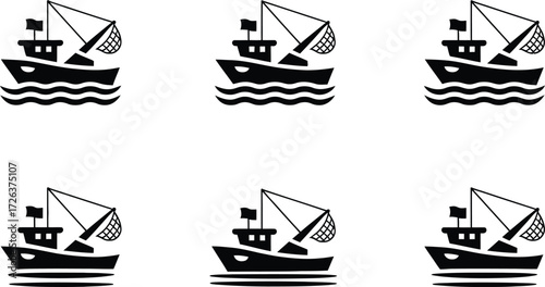 Set of nautical vessel icons including boats ships and sailboats on ocean themed design