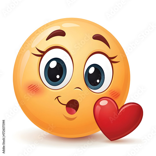 An emoji-style face blowing a kiss, isolated on a white background, symbolizing affection, love, flirty gestures,
