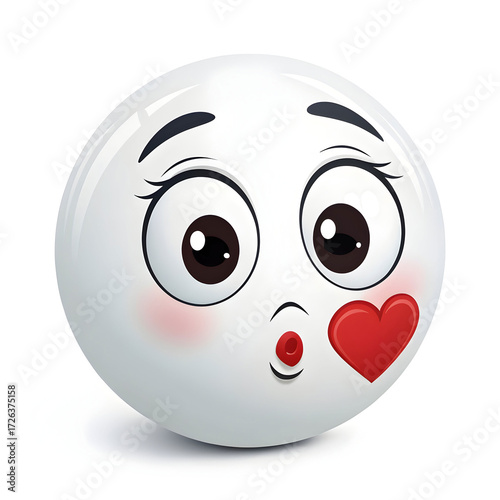 An emoji-style face blowing a kiss, isolated on a white background, symbolizing affection, love, flirty gestures,