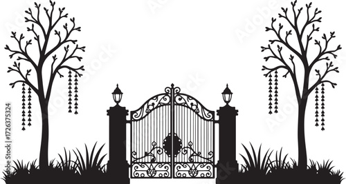 Black silhouette ornate garden gate with trees and lamps
