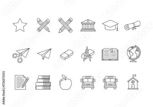 Vector illustration of collection of simple line icons for school and education, isolated on a