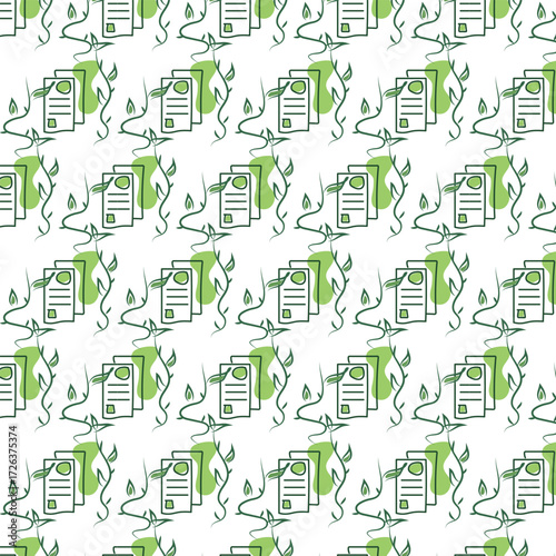 Vector pattern with a restaurant menu illustration. Green pattern on a white background. Healthy eating only. Seamless pattern. Curly plants with leaves emphasize the naturalness of the prepared food.