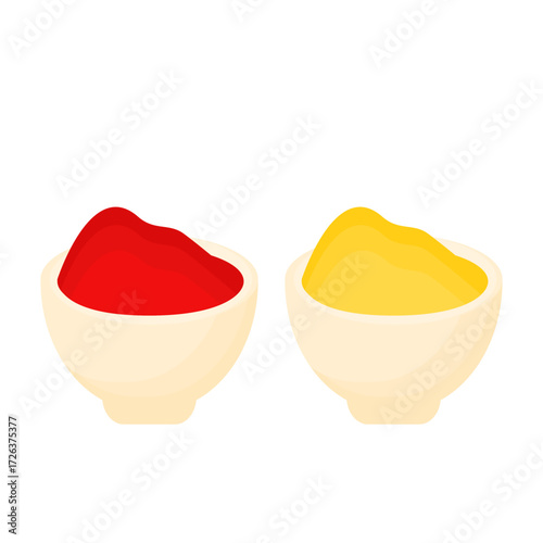 Illustration of red tomato sauce and yellow mustard sauce in a bowl as a condiment for fast food restaurant and cafe design
