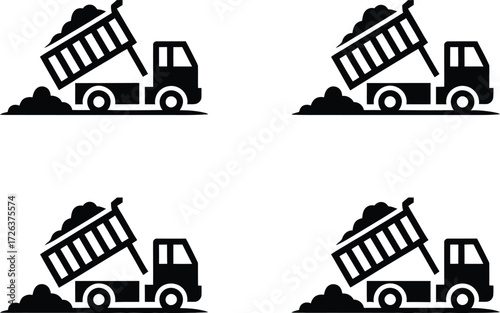 Four Icons of a Dump Truck Unloading Soil