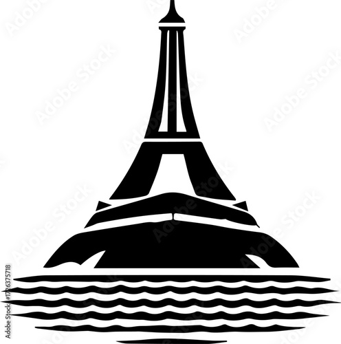 Tall tower with a boat in the water is shown. The boat is positioned near the tower, creating a sense of depth and perspective. The image conveys a feeling of serenity and tranquility, as the boat