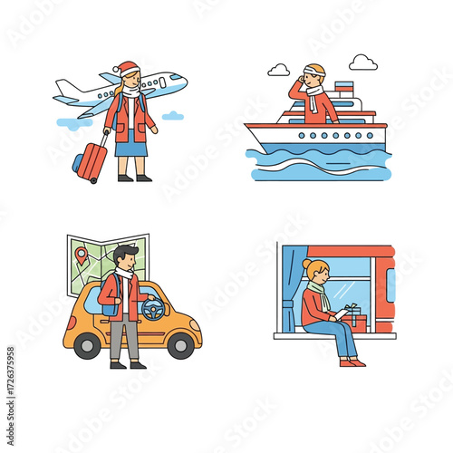 Four colorful illustrations depicting various travel scenarios with people and modes of transport.