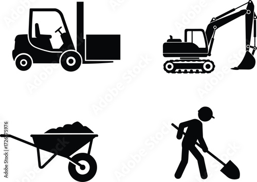 Construction equipment silhouette vector set, forklift, excavator, worker with shovel, wheelbarrow, industrial tools illustration, building site machinery, black icon collection