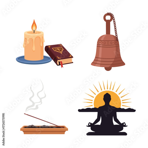 A collection of spiritual and religious symbols, including a candle, book, bell, and meditating figure.