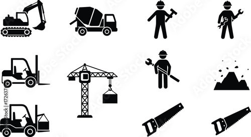 Construction worker icons, heavy equipment, crane, excavator, forklift, cement mixer, hand tools, saw, building site illustration vector for industrial projects