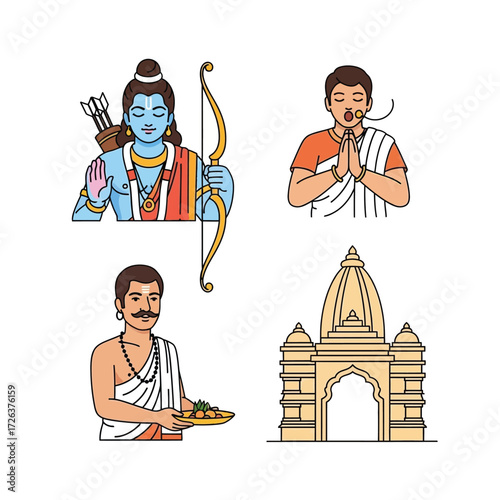 Illustration depicting Hindu religious figures and a temple, including Rama with bow and arrow, and a devotee in prayer.