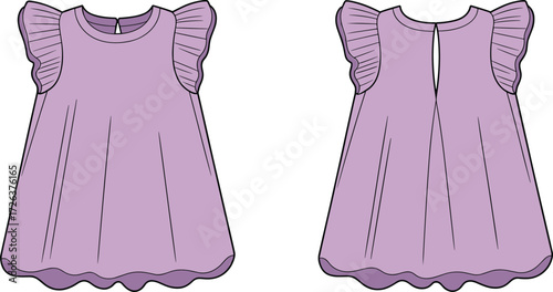 Lavender toddler dress, ruffle sleeves, scalloped hem, A-line silhouette, keyhole back, pleated design, elegant kids fashion, summer outfit