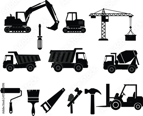 Silhouette construction vehicles and tools illustration with excavator, dump truck, cement mixer, forklift, crane, hammer, saw, paint brush, roller, screwdriver