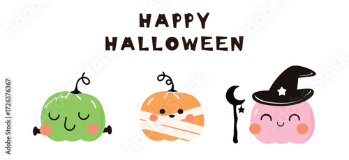 Cute Halloween characters with mummy zombie, Frankenstein cartoon, pumpkin witch and the magic wand icon set isolated on white background vector.