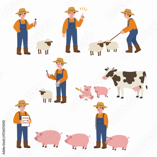 Diverse cartoon illustrations of a farmer performing various tasks with sheep, pigs, and a cow, showcasing farm animal care and agricultural work.