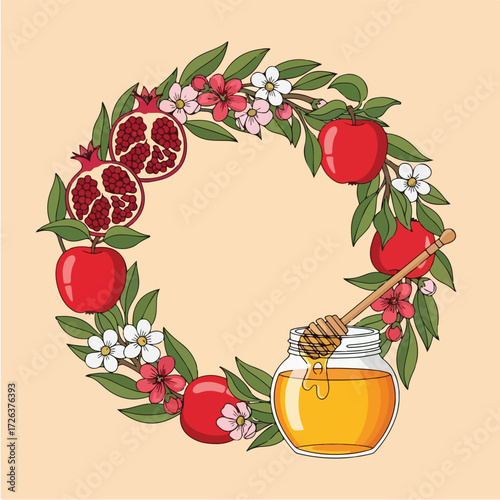 A decorative wreath for Rosh Hashanah with apples, pomegranates, flowers, and a jar of honey.
