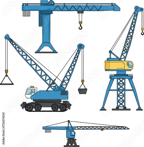 Vector illustration of blue cranes, tower crane, mobile crane, gantry crane, lifting machines, industrial equipment, construction machinery, building site engineering tools