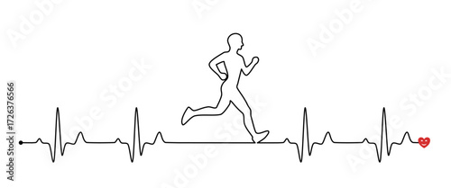 Black line running man on electrocardiogram(EKG) heart graph. Vector Cardio Exercise Concept.