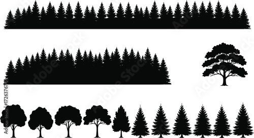 Forest tree silhouette collection, pine and oak woodland illustration, evergreen and deciduous tree vector, black nature background, outdoor landscape design