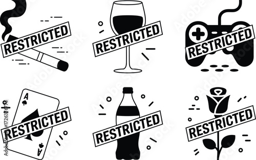 Icons of Restricted Items: Smoking, Alcohol, Gaming, Gambling, Drinks, Roses