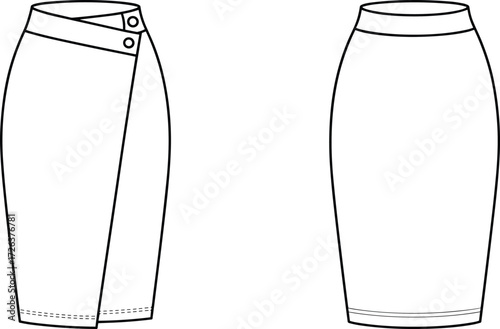 Fashion skirt flat sketch, women pencil skirt template, apparel vector illustration, garment design outline, technical fashion drawing, skirt fashion mockup